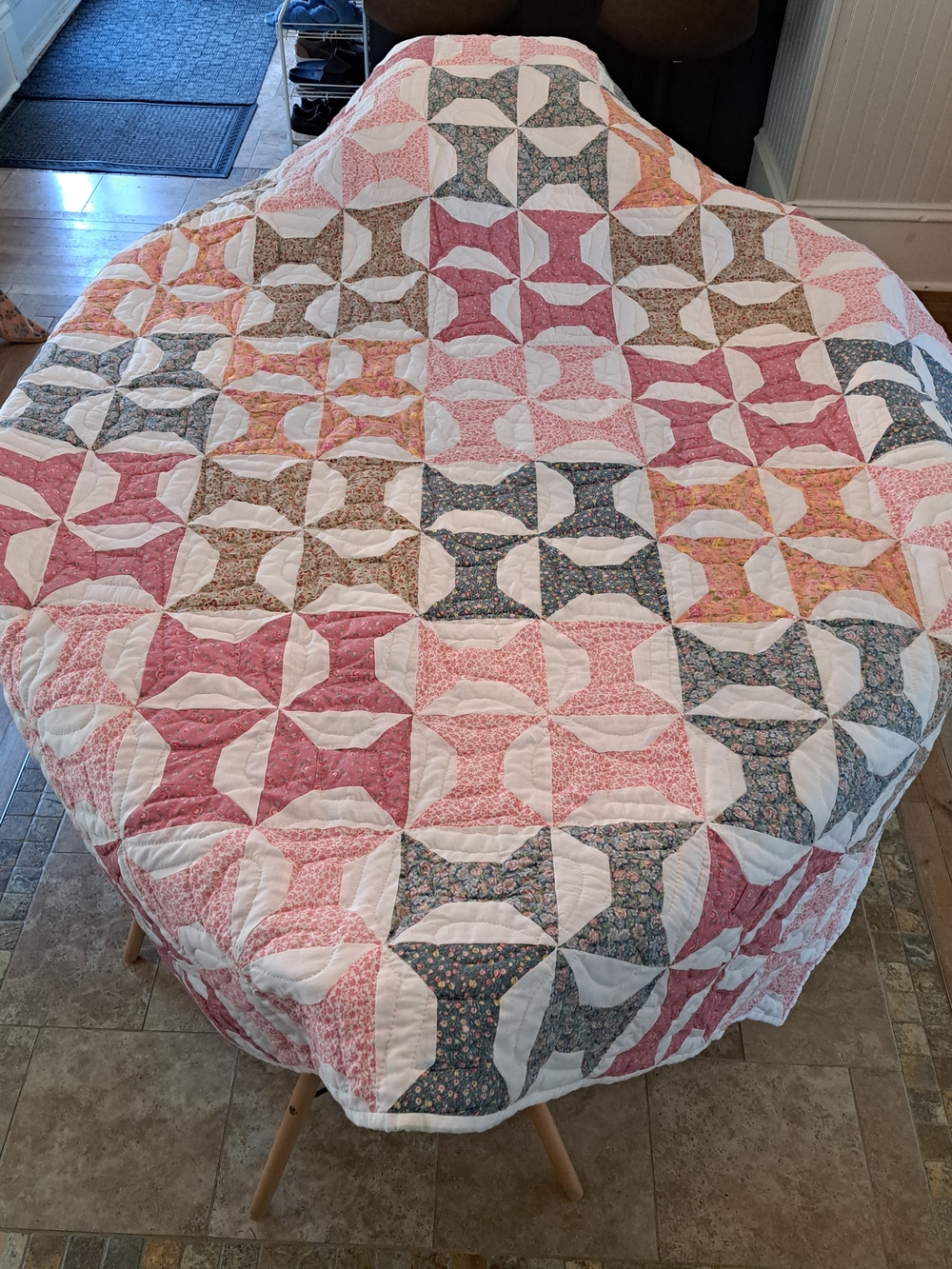 Drunkerd's Path, Hand Stitched Vintage-Inspired Pink Patchwork Quilt